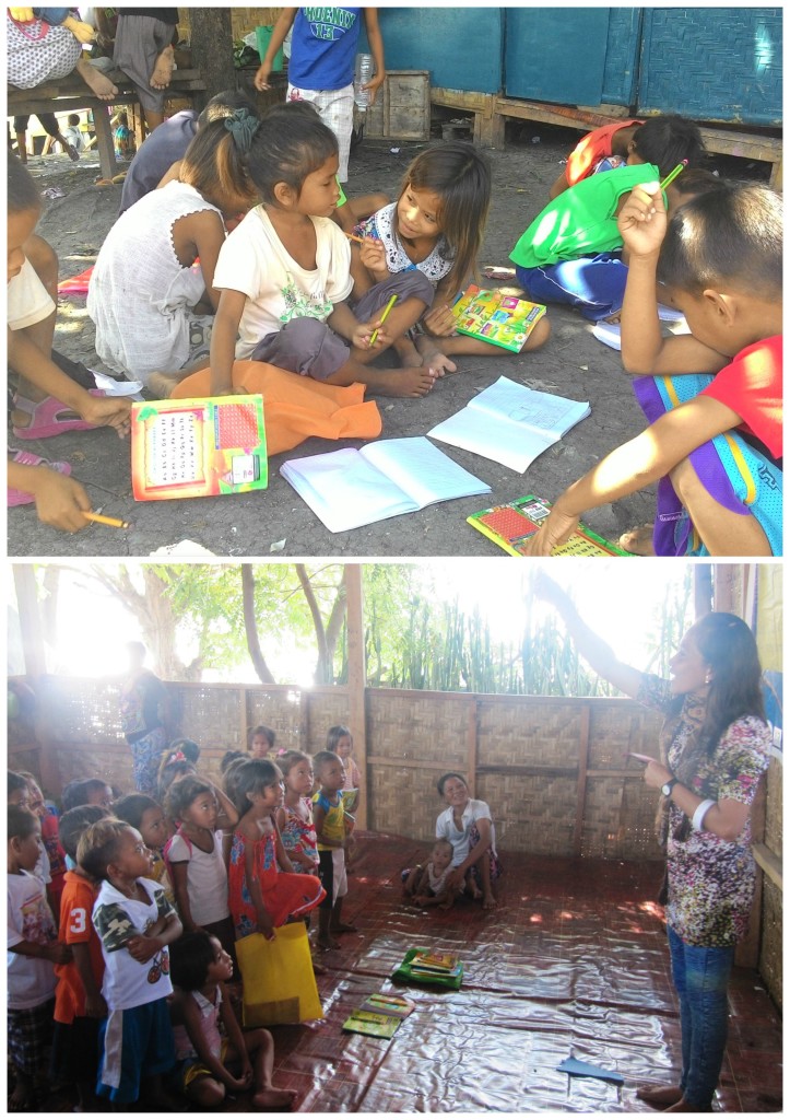In the top photo, Badjao and Tausug learners are shown eager to attend school as they wait outside for classes to begin. All eyes are on Teacher Relinda, Badjao herself, as the leads the activity in the photo below. 