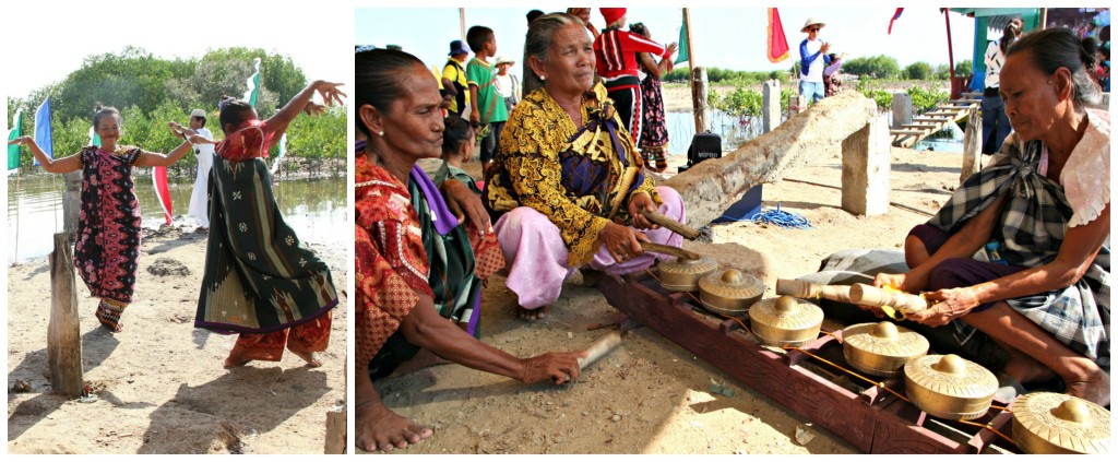 Bajau teacher and mothers dance the traditional Igal-igal (left) and play on the kulintang (right)  