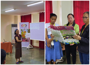 [Left] Teacher Michelle Agas demonstrating effective storytelling techniques [Right] Some of the teacher-participants during one of the activities on Effective Storytelling session 